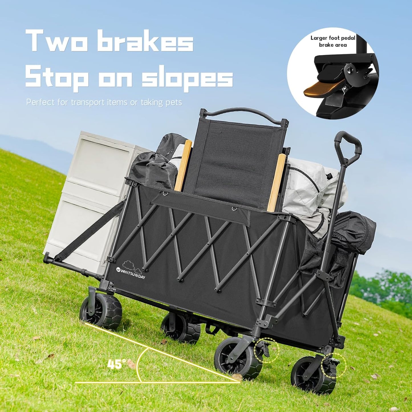 Whitsunday Collapsible Folding Wagon with Table, Heavy Duty Utility Beach Wagons with Opened Tailgate and All-Terrain Wheels for Camping,Garden,Sports (Max Black)