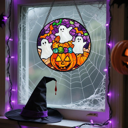 Stained Glass Window Hanging Halloween Horror Pumpkin White Ghost 11.8" - Suncatcher Door Garden Sunroom Gothic Style Sun Catcher Birthday for Friend Mom Men Woman Nana