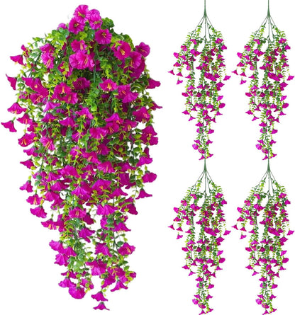 Artificial Hanging Flowers – 4 Pack UV Resistant Fake Morning Glory Vine Faux Plants for Porch, Patio, Balcony, Garden, Indoor & Outdoor Decor (Hot Pink)