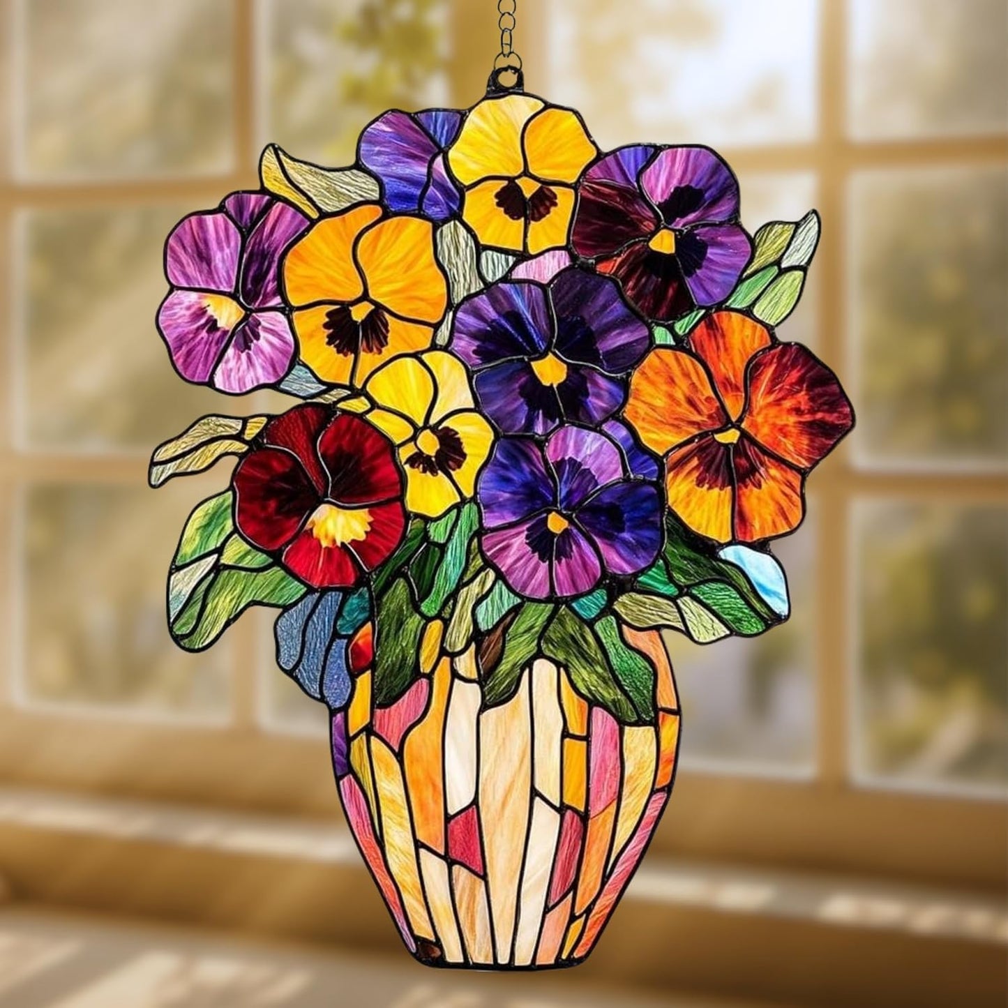 Pansies Vase Acrylic Suncatcher Stained Glass Effect Window Car Hanging Christmas Ornament Indoor Outdoor Decor Garden Sun Catcher Panel Gifts for Flower Lover for Women Mom Grandma