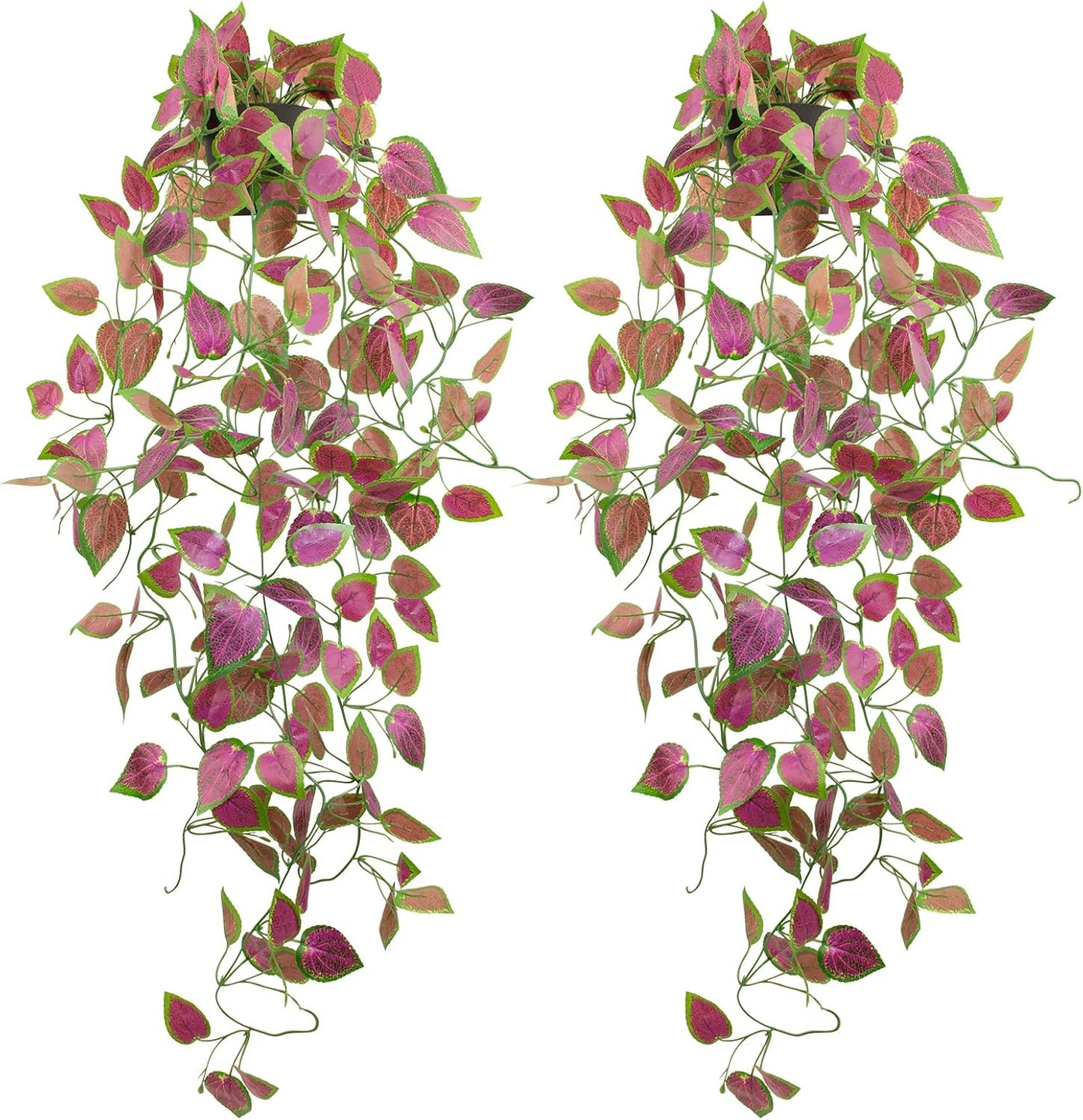LOYWREE 2 Pack Artificial Purple Ivy Hanging Vine Plants - Small Potted Long Trailing Cascading Foliage, Gothic Home Decor for Indoor/Outdoor, Office, Garden & Shelf (Black Pot Included)