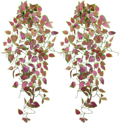 LOYWREE 2 Pack Artificial Purple Ivy Hanging Vine Plants - Small Potted Long Trailing Cascading Foliage, Gothic Home Decor for Indoor/Outdoor, Office, Garden & Shelf (Black Pot Included)