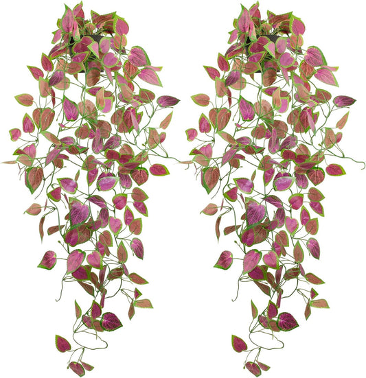 LOYWREE 2 Pack Artificial Purple Ivy Hanging Vine Plants - Small Potted Long Trailing Cascading