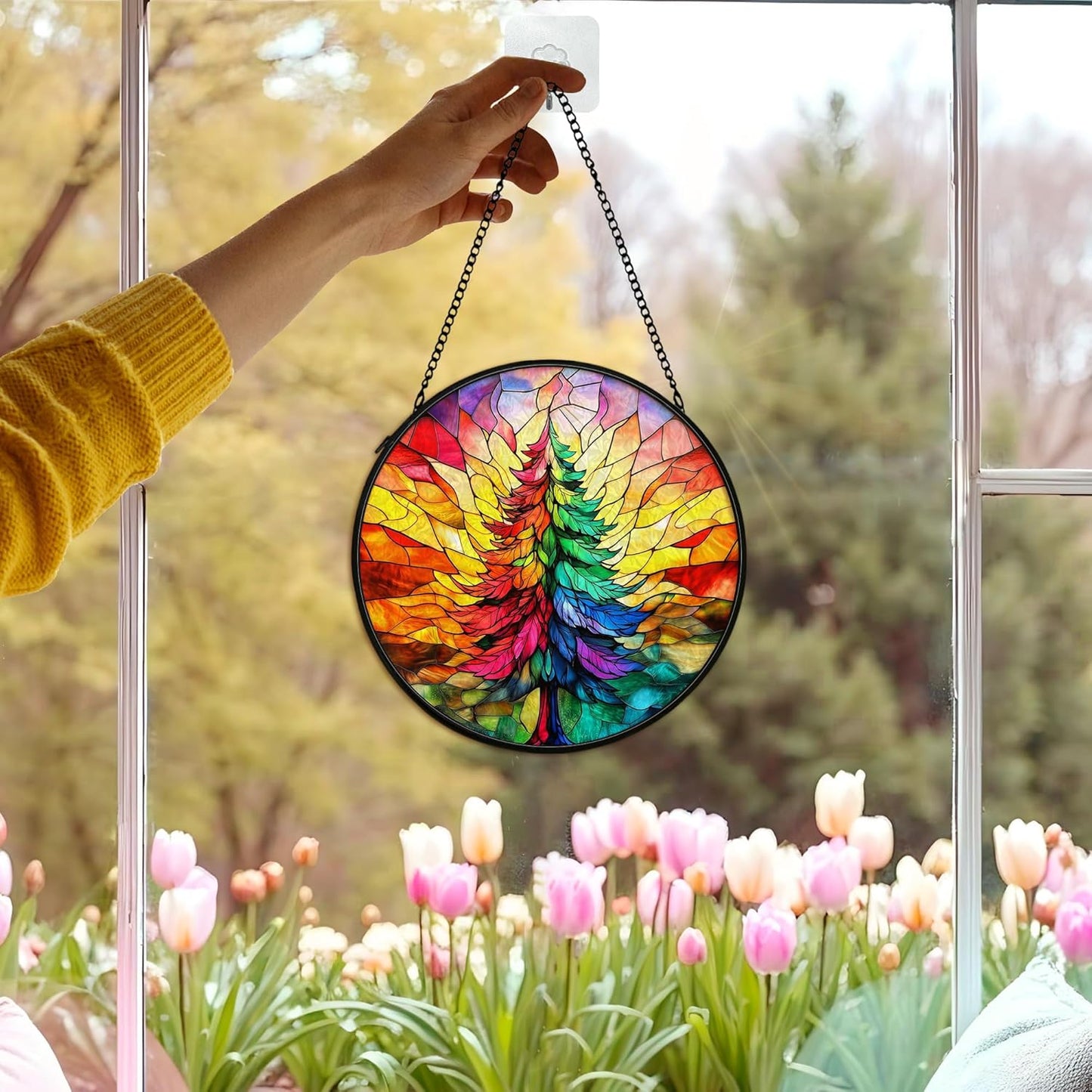 Christmas Tree Suncatcher Stained Glass Window Hanging Decor, Colorful Xmas Tree Stained Glass Wall Decor, Christmas Garden Sun Catchers Indoor Window Hanging Wall Art Lawn, 7.9x7.9 Inch