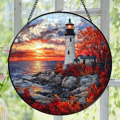 Coastal Lighthouse in Autumn Suncatcher -7.9 in Stained Glass Window Hanging Sun Catcher Garden Decor