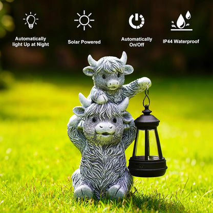 Solar Highland Cow Garden Decor - Resin Cow Statue with Solar Lantern Outdoor Yard Patio Decor - Ideal Gifts for Women,Mom Men (Grey)