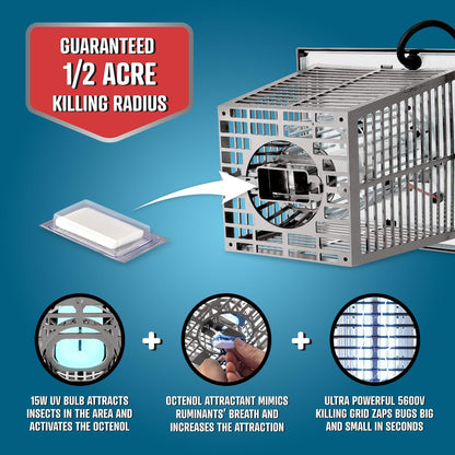 Flowtron Electric Bug Zapper 1/2 Acre Outdoor Insect Control with Dual Lure Method, 15W UV Light & Octenol Attractant for Fly & Mosquito, 5600V Kill Grid, Made in USA, UL Certified - Grey Color