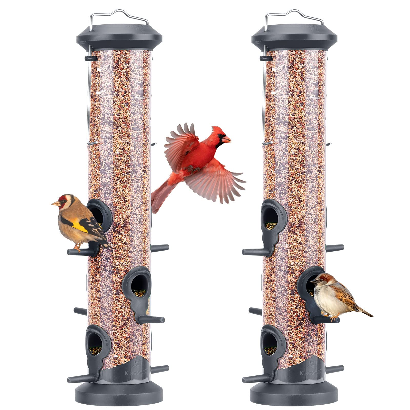 Kingsyard 2 Pack Tube Feeders with 6 Feeding Ports for Outdoors Hanging, Premium Hard Plastic