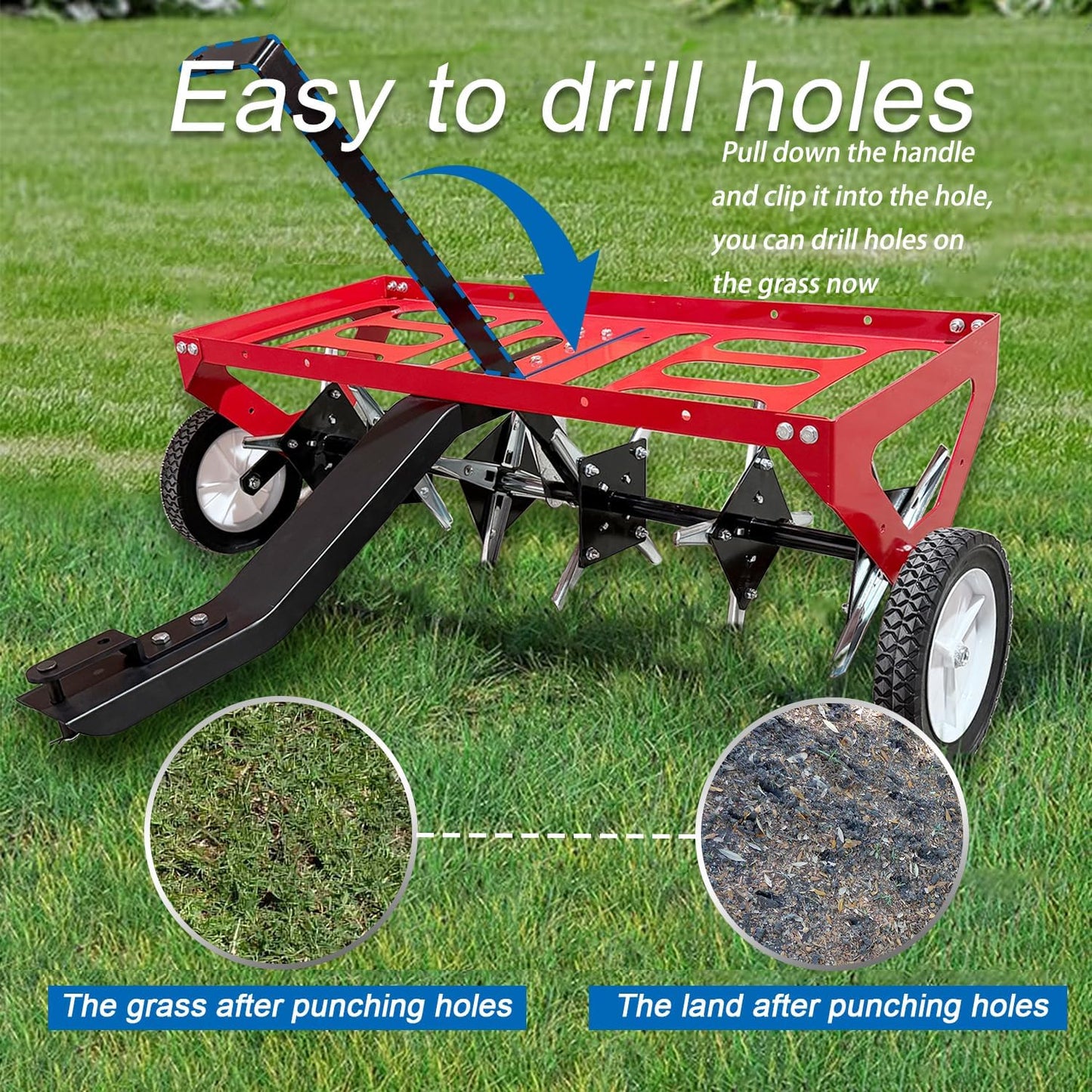 kerlista Tow Behind Lawn Plug Aerator and Heavy Duty Lawn Aerator for Tractors Ride-On Mowers and ATVs and Durable Steel Construction 40-Inch Working Width 3-Inch Spike Depth-Red