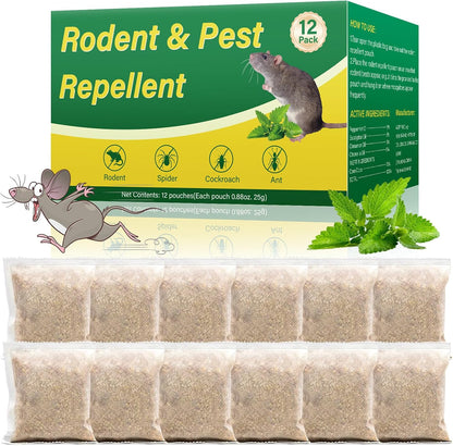 Rodent Repellent, 12 Pack Natural Mouse Repellent Pouches - Peppermint Oil to Repel Rodents Rats Squirrel, Outdoor Indoor Mice Repellent for House Garage Basement RV Car