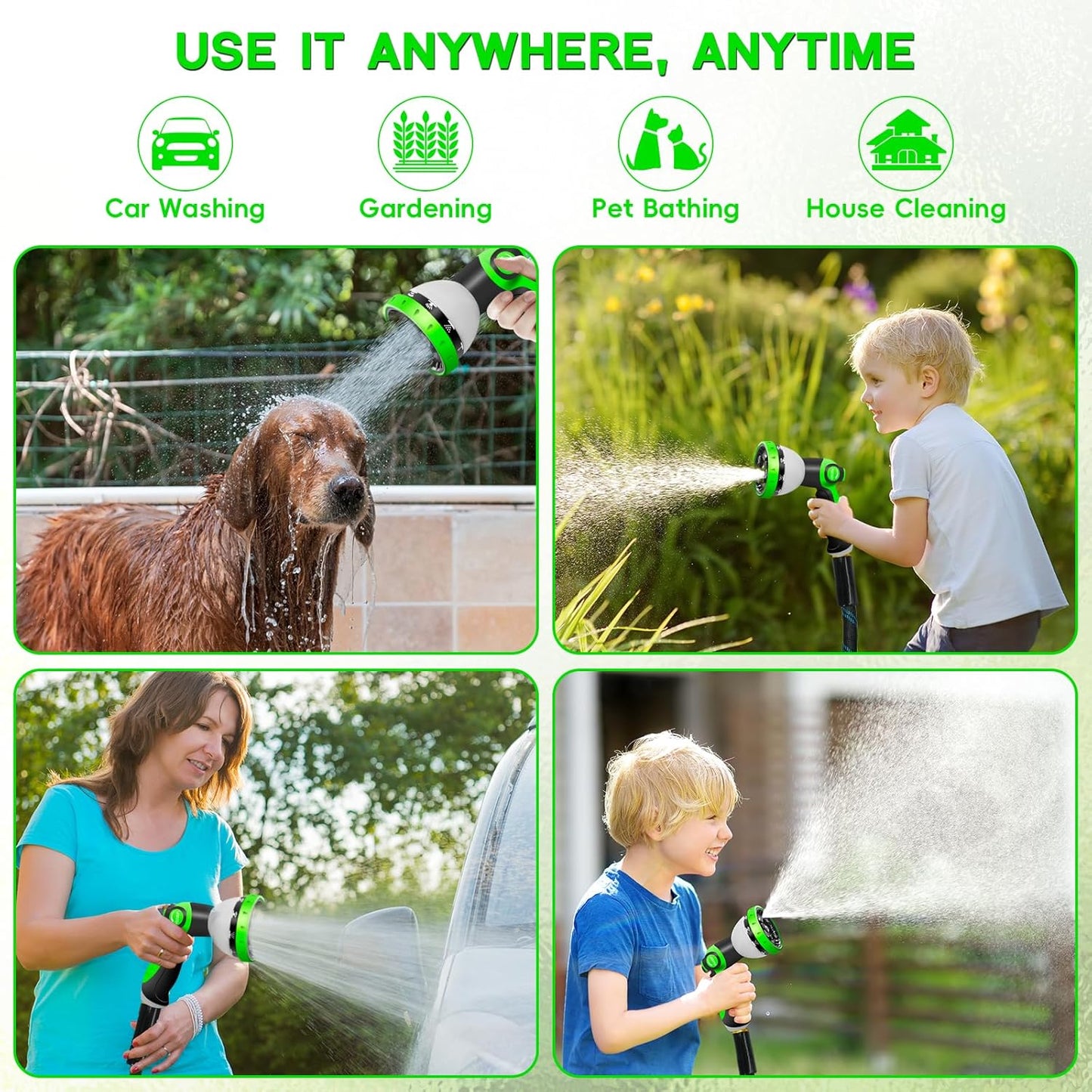 Garden Hose 50FT, NON-EXPANDABLE Heavy-Duty Flexible & Lightweight Water Hose with 10-Function Nozzle, No-Kink, Leak-Proof, Solid Fittings for Car, RV Marine Camper, Outdoor, Yard, Lawn