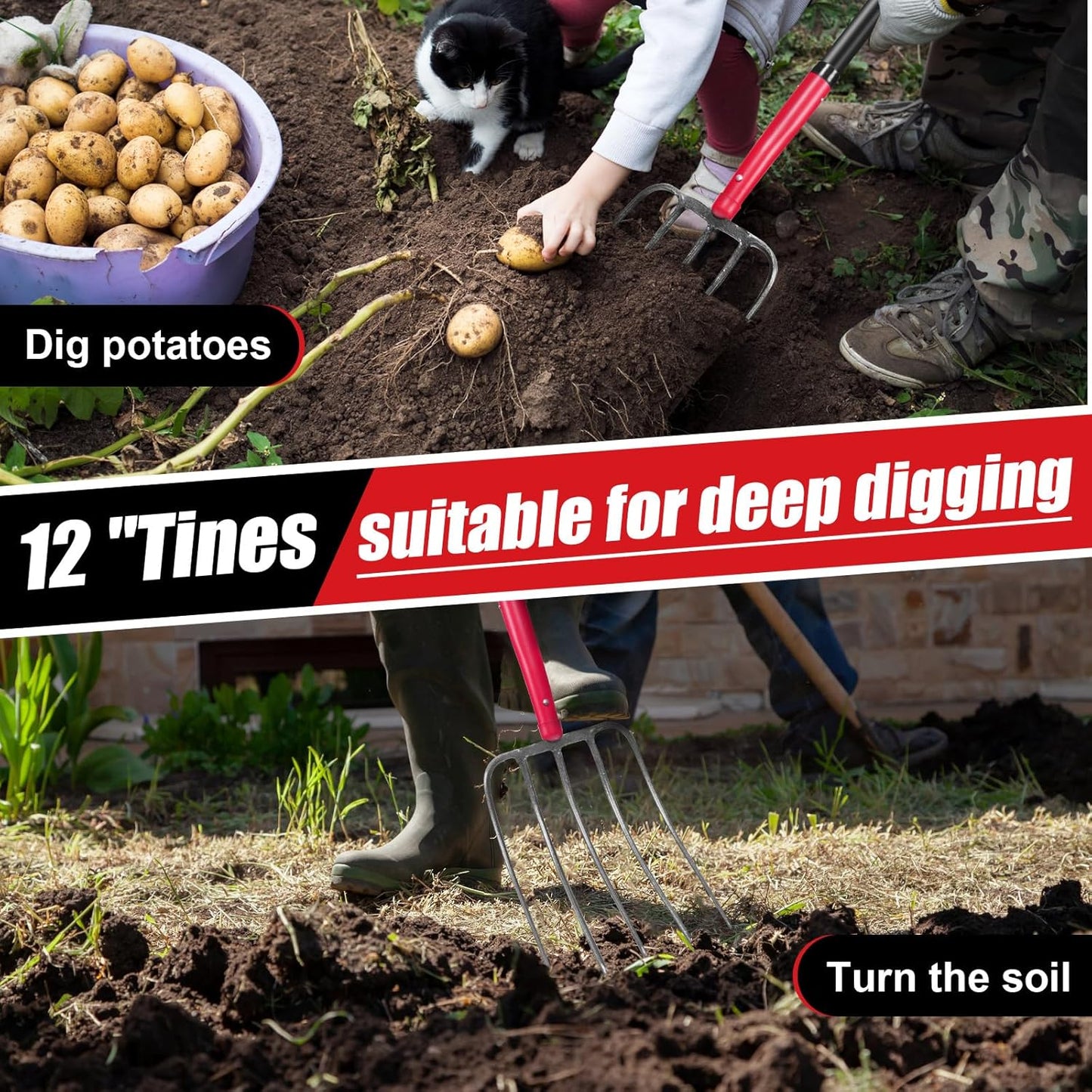 5-Tine Pitch Fork Garden Forks Heavy Duty Manure Fork Pitchfork with Long Fiberglass Handle for Garden Farm Yardwork,58 inches