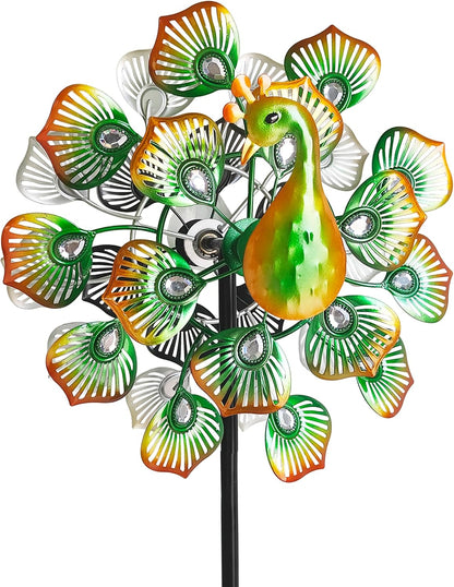 Outdoor Peacock Wind Spinners Featuring Glittering Gem Decor, 13.5" D x 65" H Kinetic Wind Sculptures, 360° Rotatable Metal Garden Wind Spinners for Yard and Outdoor Decor (Green)