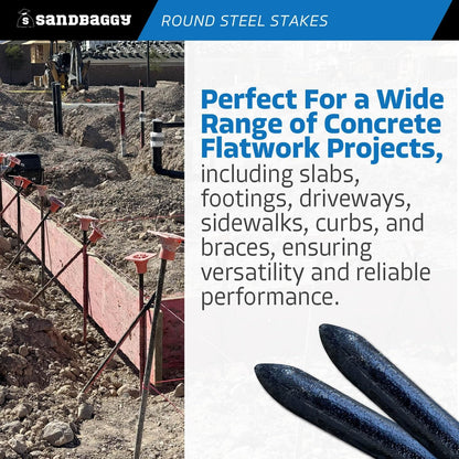 Sandbaggy Round Steel Concrete Form Stakes with Nail Holes - Rust Resistant Coating - Removable, Reusable (5, 3/4 in X 36 in)