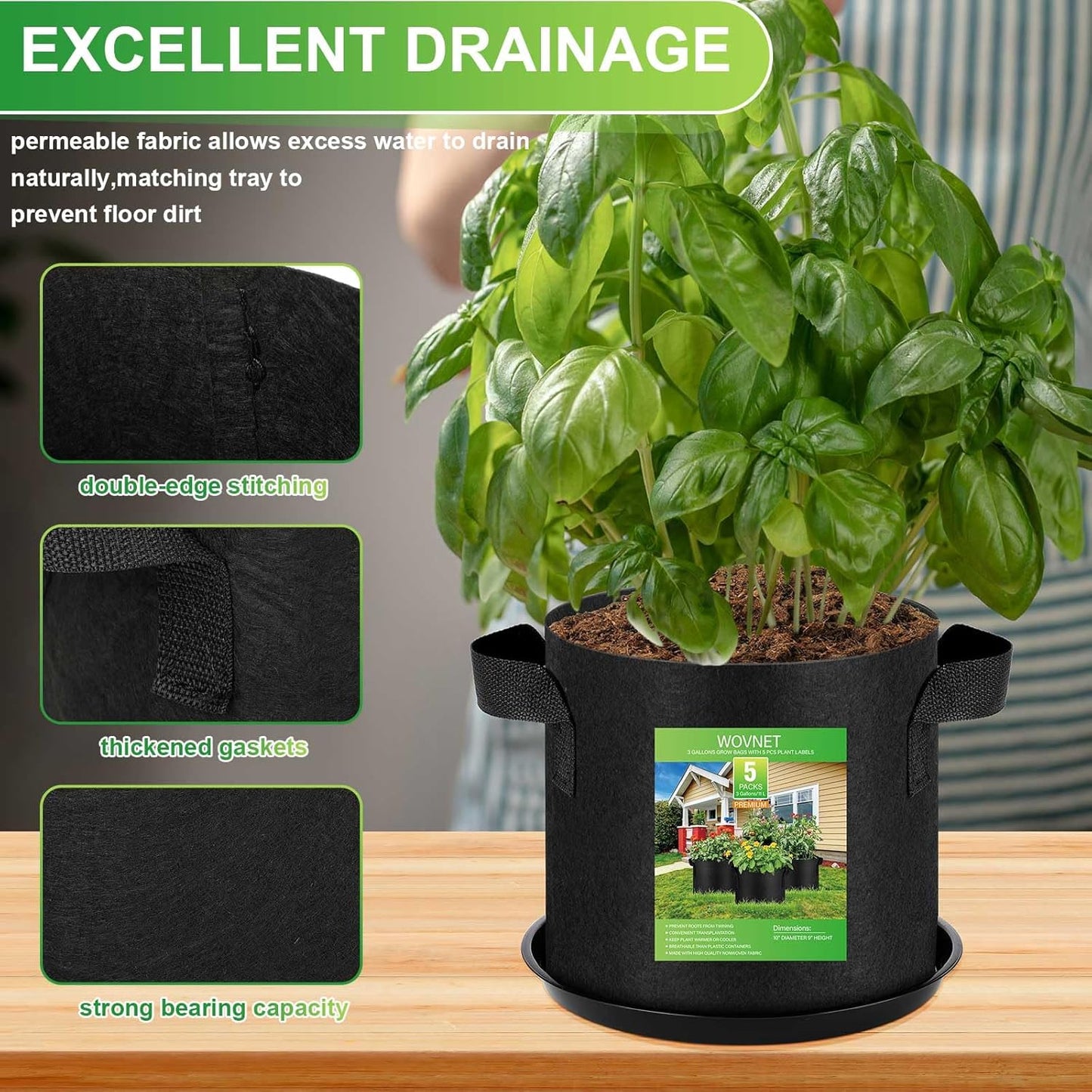 5 Pack 3 Gallon Grow Bags with 5 Plant Saucer and 5 Labels, Sturdy Fabric Plant Pots, Fabric Garden Grow Bags for Vegetables, Aeration Pots with Handles