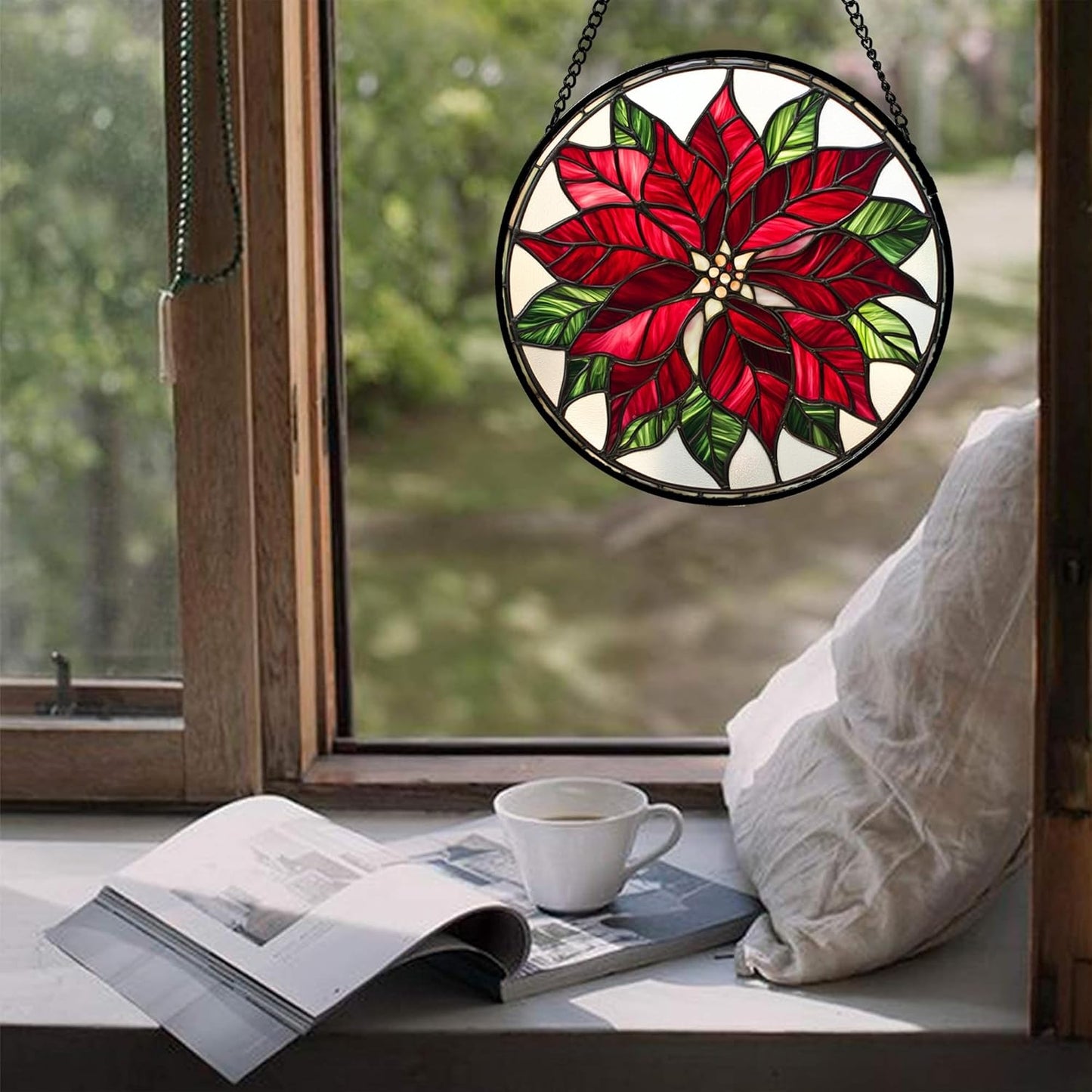 Stained Glass Window Hanging - Red Poinsettia Birth Flower Suncatcher for Door Garden Yard Sun Catchers Decor Christmas Mother's Day Birthday Gifts for Women Mom Nana Friend Men 11.8 in