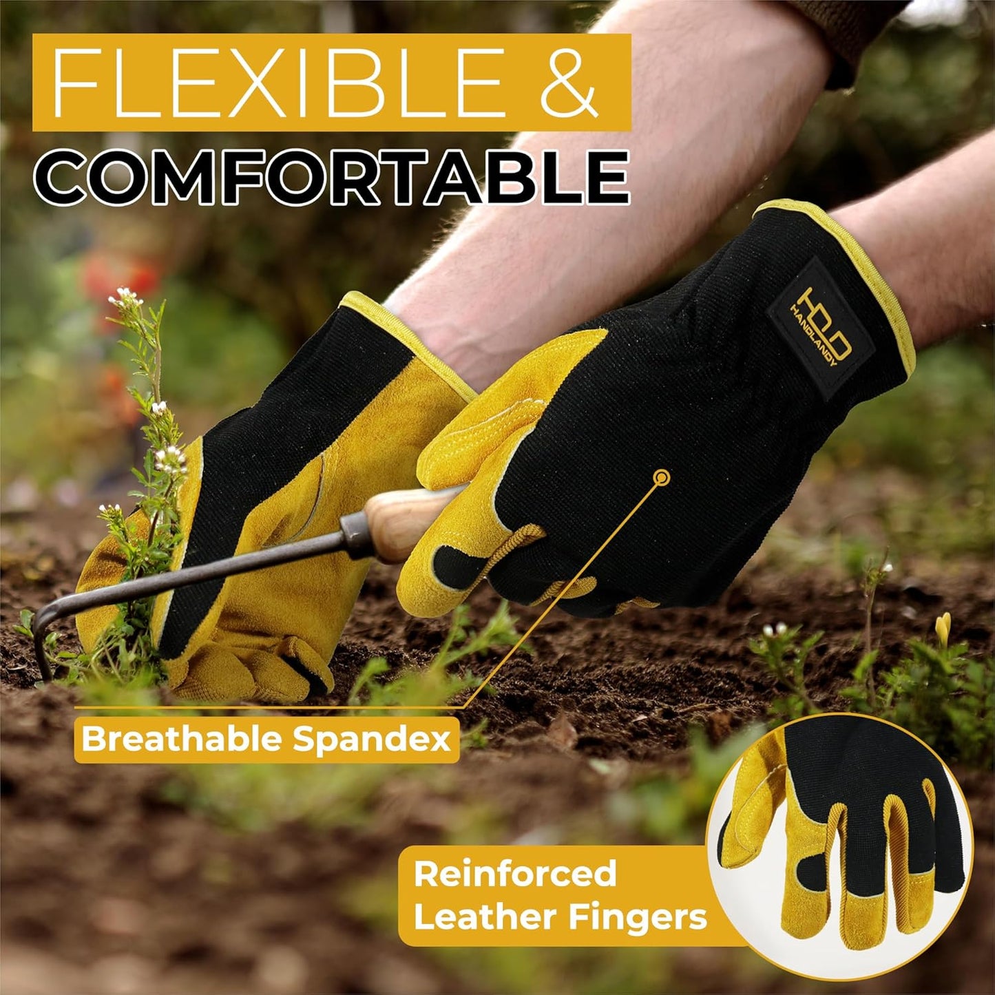 HANDLANDY Men Leather Gardening Gloves, Utility Work Gloves for Mechanics, Construction, Driver