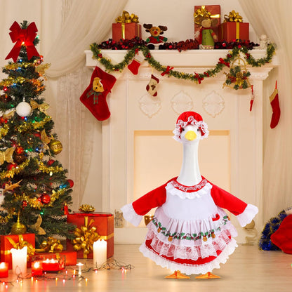 2 Pcs/Set Christmas Mrs. Claus Porch Goose Outfits, Lawn Goose Statue Mrs. Claus Costume, Red Green White Christmas Garden Goose Clothes Dress and Hat for 23" High Statue Xmas Holiday Patio Yard Decor