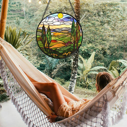 Stained Glass Window Hanging Golden Sun Mountain Landscape 9.8" - Suncatcher Door Garden Sun Catcher Home Decor Birthday Christmas for Mom Men Woman Nana Friend
