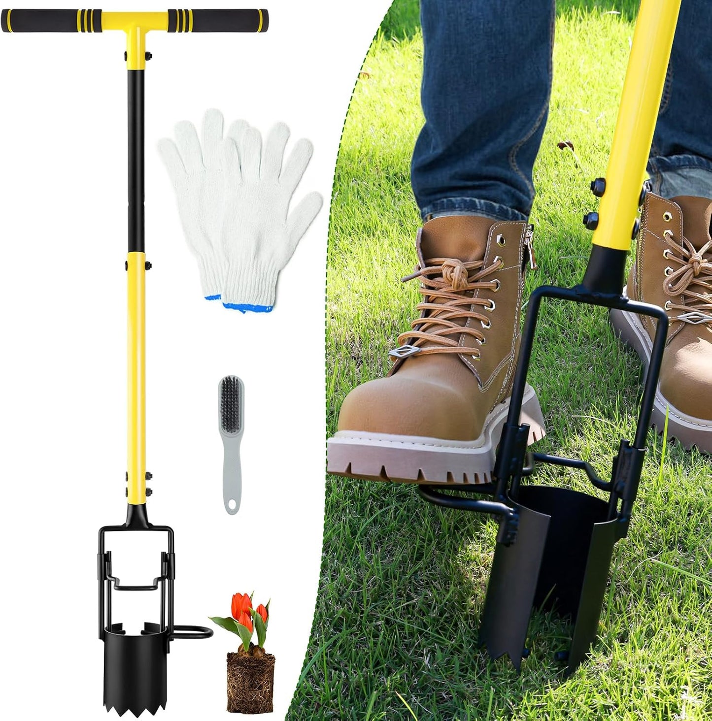 Bulb Planter Tool Long Handle, Plant Hole Digger with Soft Grip and Serrated Base, Heavy Duty 5-in-1 Sod Lawn Grass Plugger Tool Planting Digger Garden Transplanter for Tulips Iris Flower