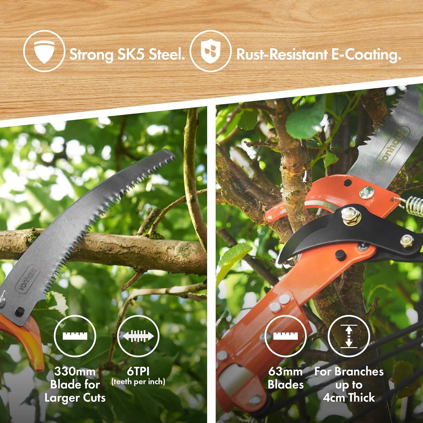 VonHaus Telescopic Tree Pruner & Lopper 2 in 1 – Long Reach 3.3m Cutter, Retractable & Extendable Pole Saw for Branches – Lightweight Aluminium Pole, Steel Blade – Blade Cover Included