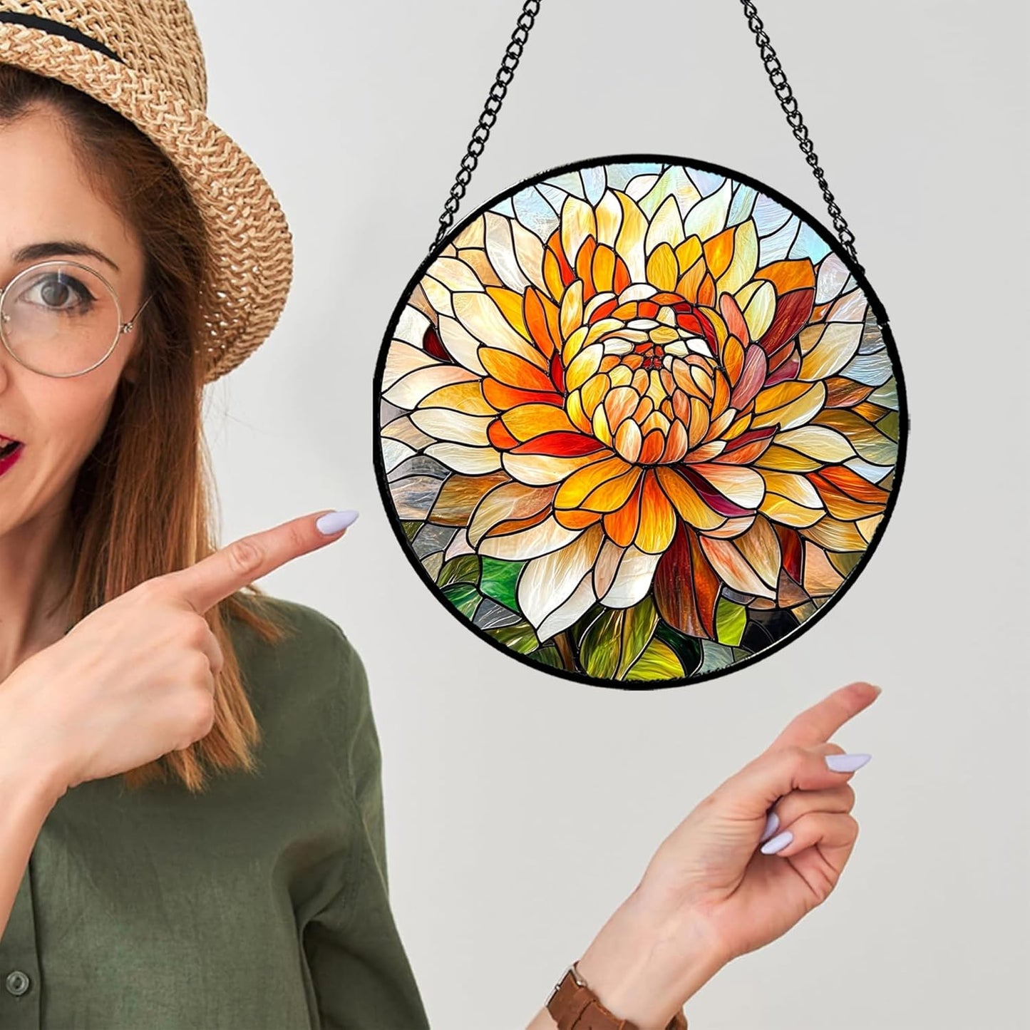 Stained Glass Window Hanging - Chrysanthemum Suncatcher for Doors Garden Patio Birth Flowers Sun Catchers Decor Christmas Mother's Day Birthday Gifts for Women Men Mom Nana Friend 15 in