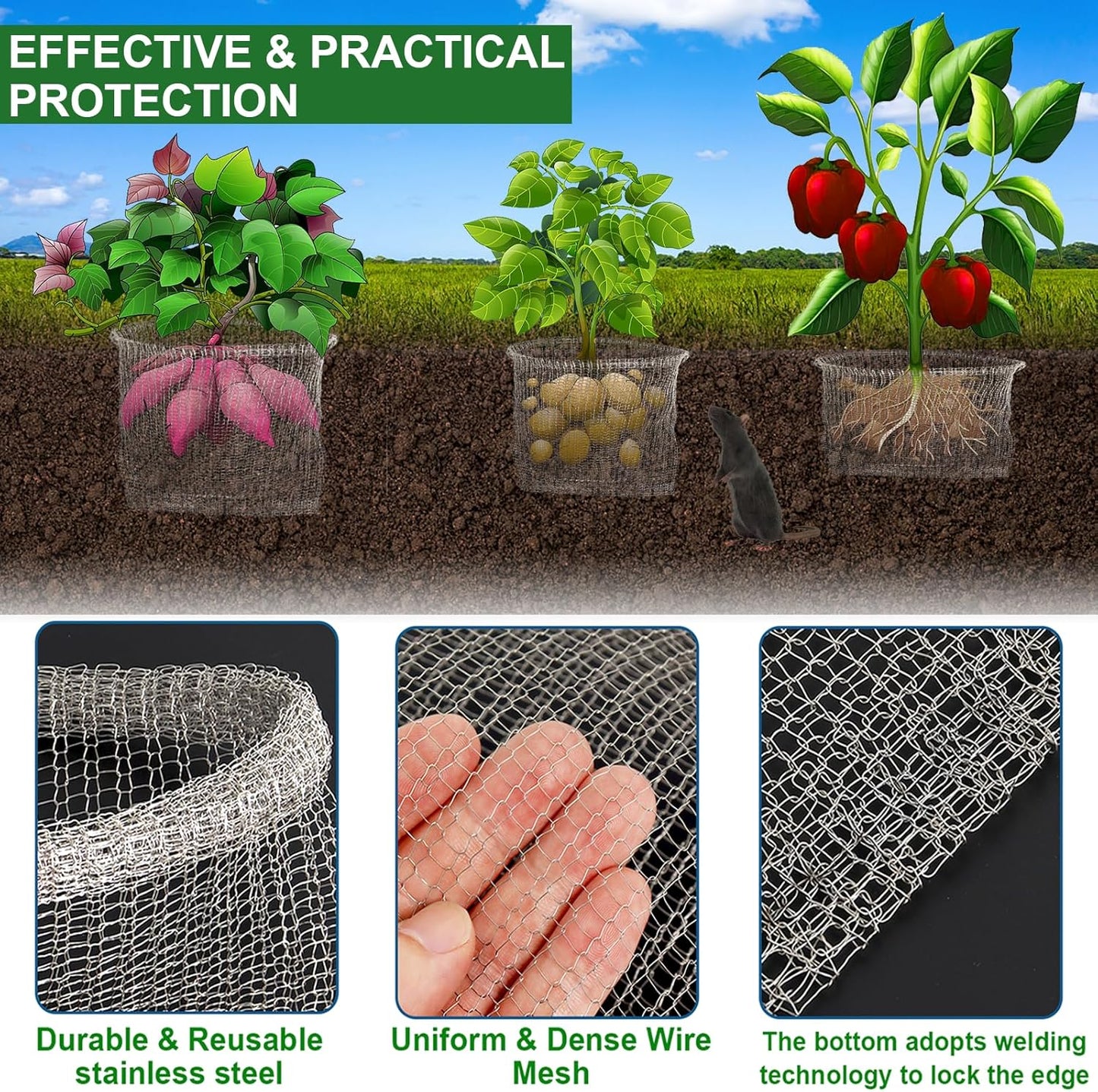 New- 10PCS Plant Go-pher and V-ole Wire Baskets 5 Gallon, Stainless Steel Metal Wire Mesh for Underground, 100% Plant Root Protection