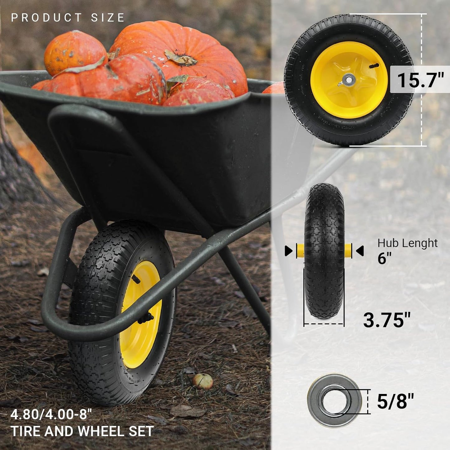 AR-PRO 4.80/4.00-8" Tire and Wheel Set - 6" Hub, and 5/8" Sintered Iron Bearings, Universal Replacement Utility Equipment Tubed Tire and Wheel
