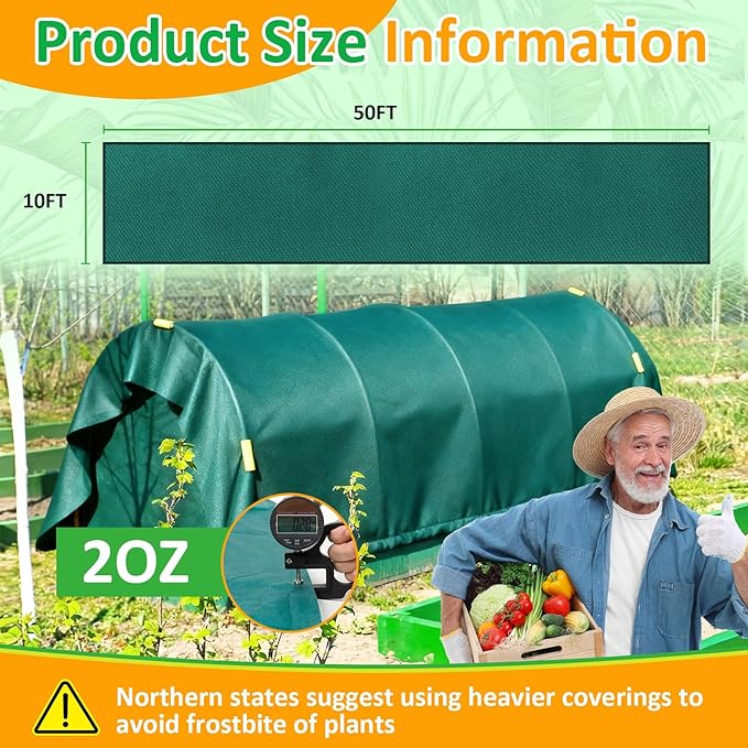 Green Plant Covers Freeze Protection, 10 x 50 ft - 2 oz/yd² Frost Cloths for Outdoor Plants, Tree Covers Freeze Protection, Winter Garden Blanket, Sun Cover for Plants for Greenhouse, Vegetables