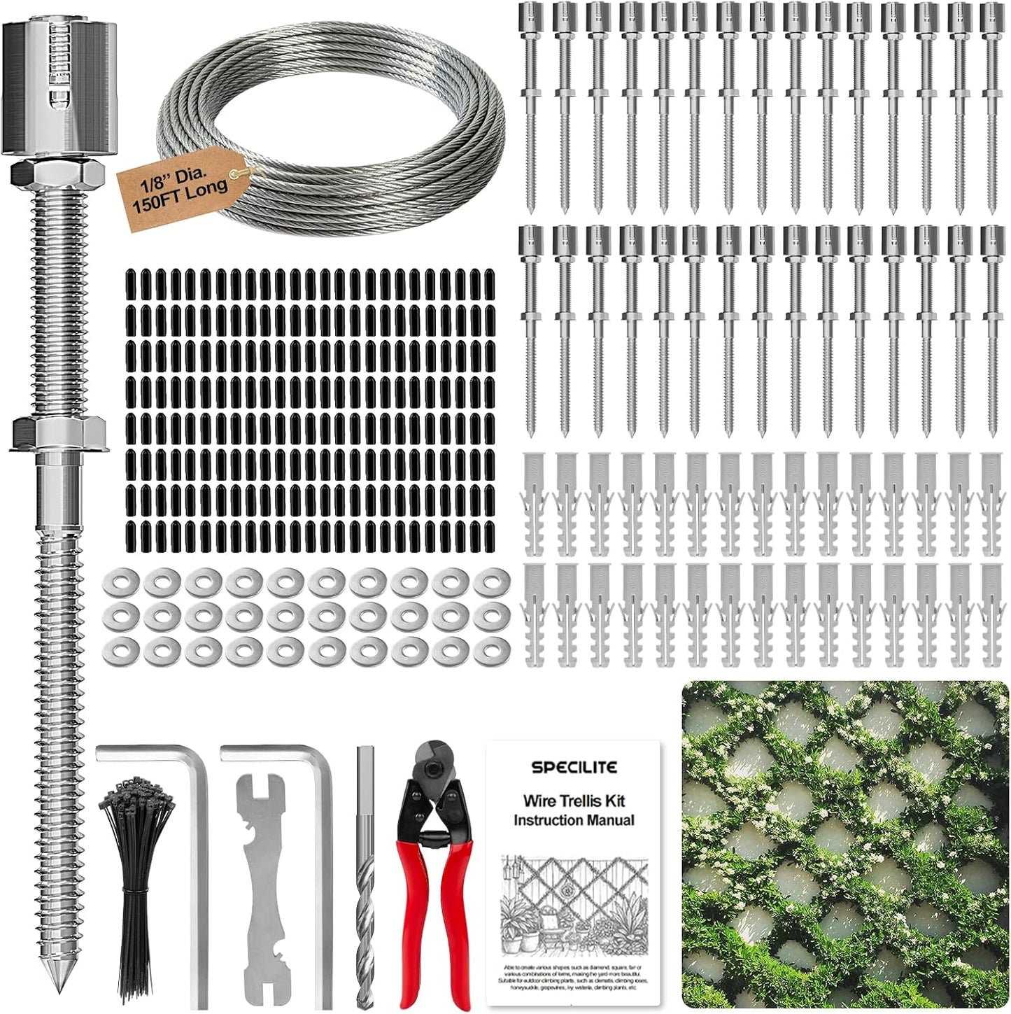 SPECILITE Wire Trellis for Climbing Plants Outdoor, 30-Set T316 Stainless Steel Kit, 1/8in x 150ft Ropes with Cable Cutter, Espalier System for Fence Wall and Garden DIY