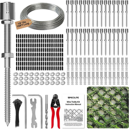 SPECILITE Wire Trellis for Climbing Plants Outdoor, 30-Set T316 Stainless Steel Kit, 1/8in x 150ft Ropes with Cable Cutter, Espalier System for Fence Wall and Garden DIY