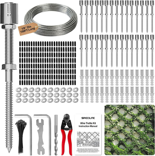SPECILITE Wire Trellis for Climbing Plants Outdoor, 30-Set T316 Stainless Steel Kit, 1/8in x 150ft Ropes with Cable Cutter, Espalier System for Fence Wall and Garden DIY