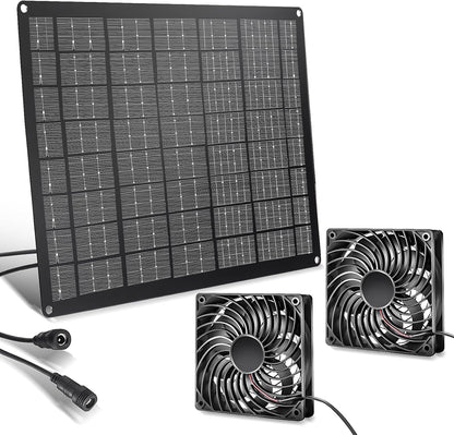 Solar Fan 15W Solar Powered Exhaust Fan Kit, 2 Mini Fans, Portable Ventilation Solar Fan for Chicken Coops, Dog Houses, Greenhouses, Pet Homes, Gardens