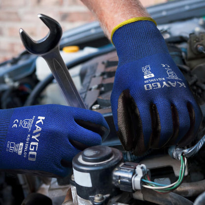 KAYGO Work Gloves Nitrile Coated, 12 Pairs KG12N，Seamless Knit, Protective Safety Work Gloves with Good Grip for General Work,Blue, M