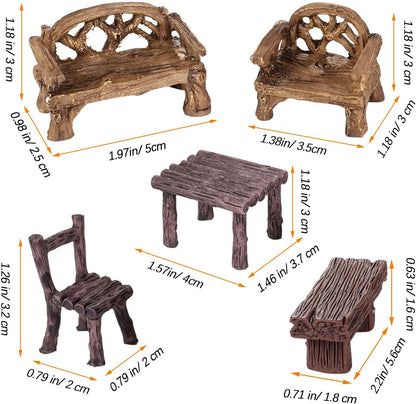 Skylety 12 Pieces Garden Furniture Ornaments Miniature Table and Chairs Set Village Micro Resin Bench Chair for Dollhouse Accessories Home Micro Landscape (Vintage Style)