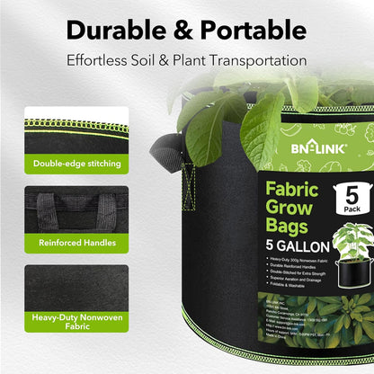 BN-LINK 5-Pack 5 Gallon Grow Bags, Heavy Duty Aeration Fabric Pots with Handles, Thickened Nonwoven Plant Bags for Vegetables, Flowers, Fruits