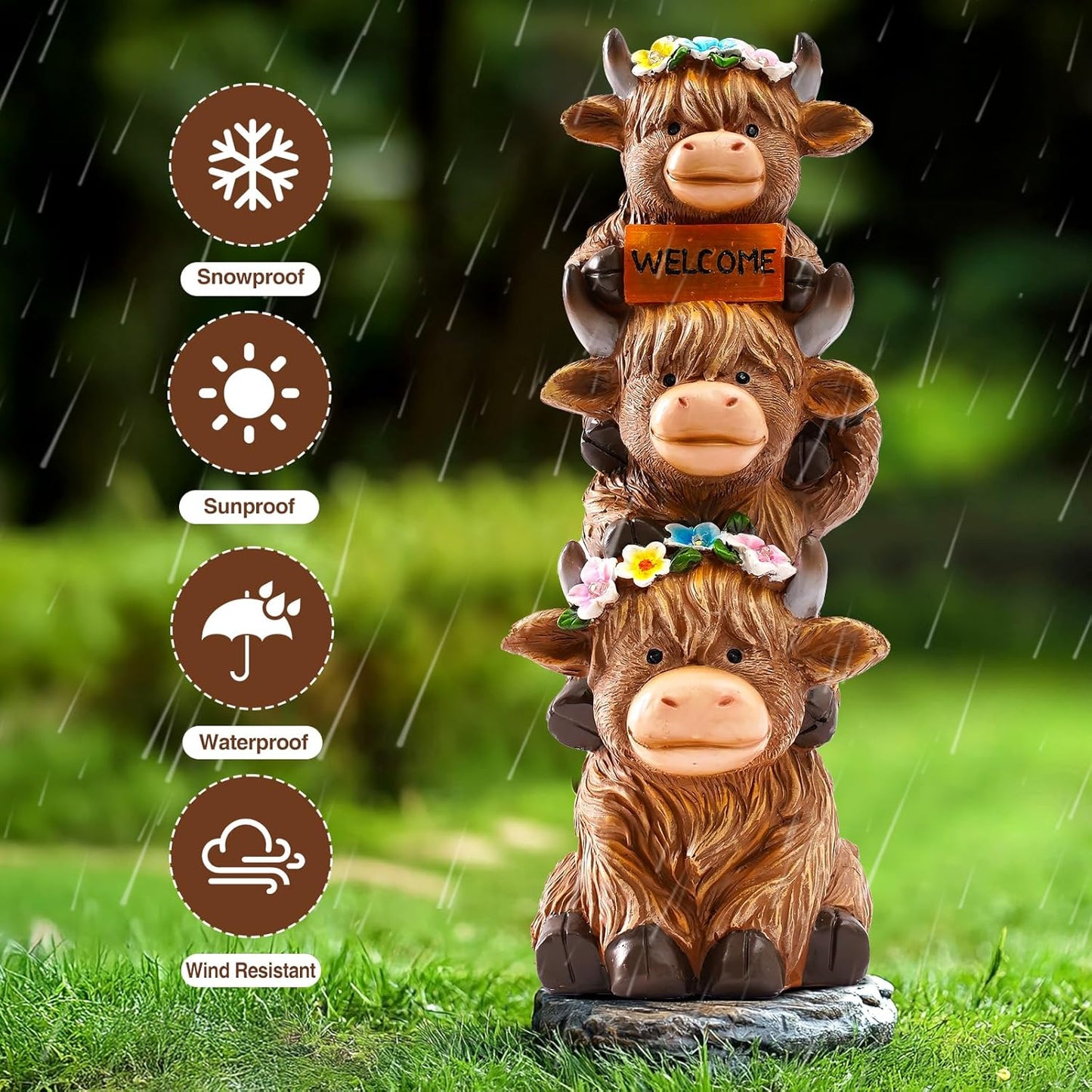 Christmas Highland Cow Statue Solar Outdoor Decor with Flower Decoration Funny Triple Highland Cow Decor Birthday Thanksgiving Gifts for Women Mom Highland Cows Figurine for Yard Garden Lawn Ornaments