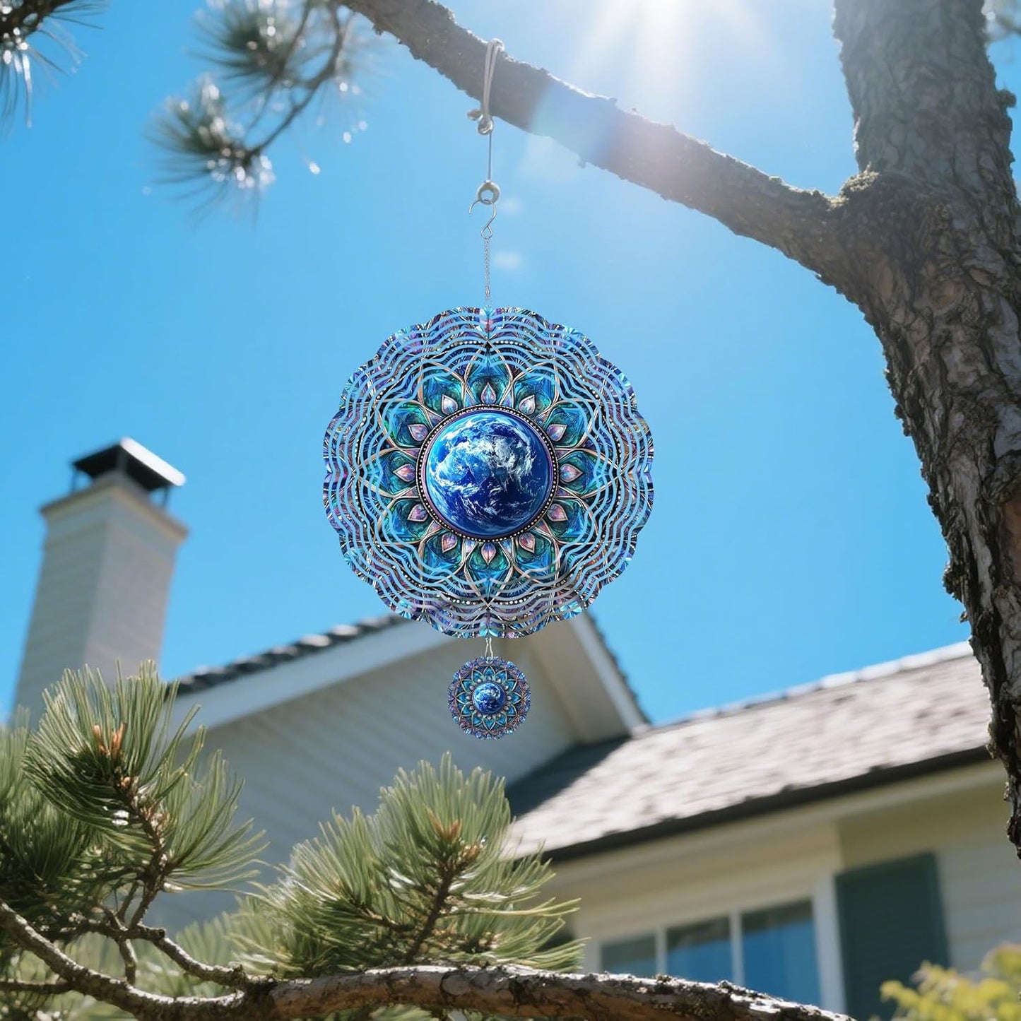 Wind Spinners Outdoor, Retro Blue Lotus Earth 3D Stainless Steel Wind Sculpture Spinner for Garden Outside Hanging Decor Mother's Day Christmas Birthday Gift for Women Men Mom Nana 7.8 in
