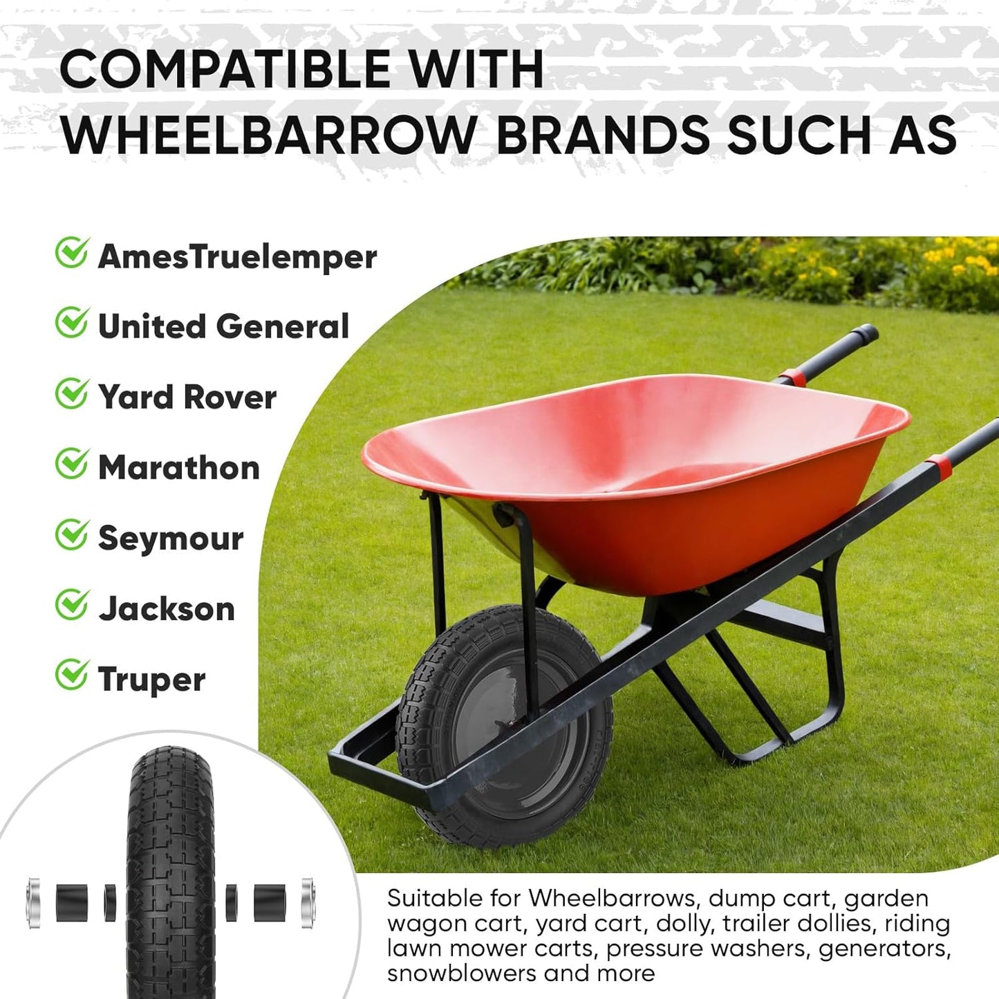 TICONN 4.80/4.00-8 Tire, 16" Flat Free Wheelbarrow Tire and Wheel, Solid Replacement Tires, 5/8" 3/4" Bearings, Universal Fit 4.80/4.00-8, 3.50/3.00-8, 4.00-6 (16" Black, 2PK)