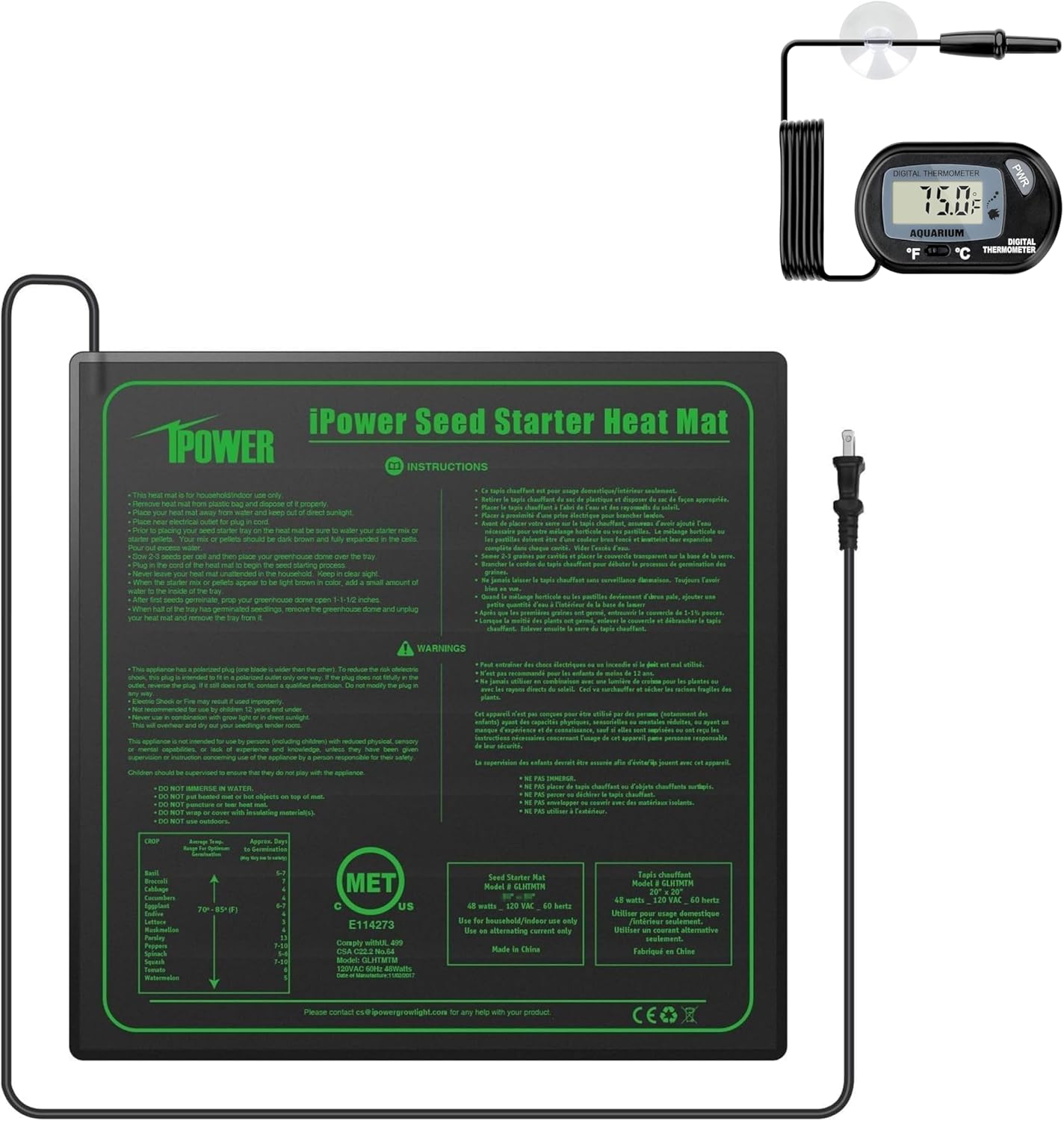 iPower 20" x 20" Seedling Heat Mat and LCD Digital Thermometer Combo, Warm Hydroponic Heating Pad for Germination, Indoor Gardening, Greenhouse, Black