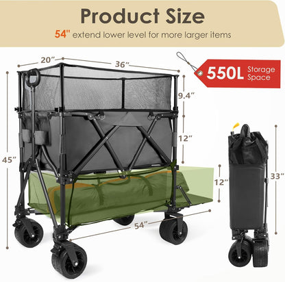 HOPERAN 550L XXL Wagons Carts Foldable, 54" Extra Length & Height Double Deck Collapsible Wagon Cart with Tailgate, 8" Big All-Terrain Wheels, 550lbs Load Utility Grocery Cart for Camping,Sports,Beach