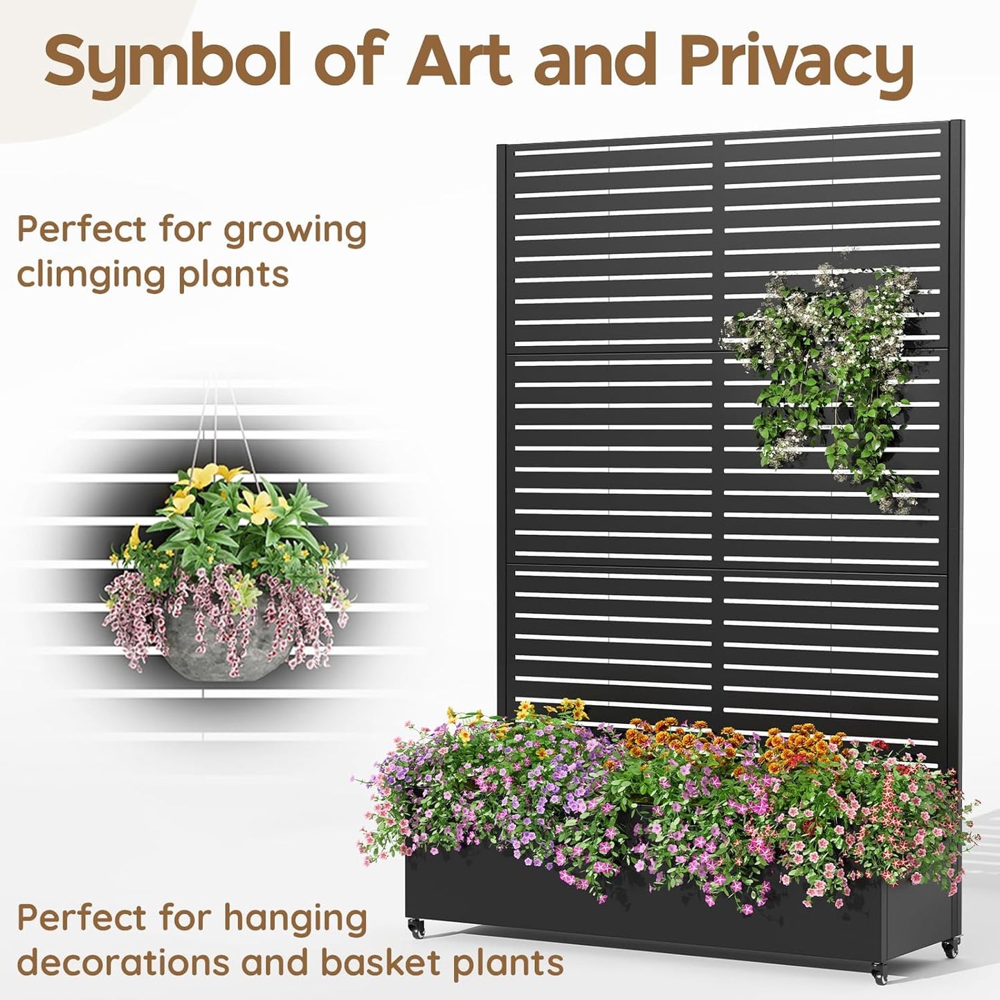 Metal Raised Garden Bed with Trellis & Wheels,72" x 47"x 15.7" Planter Box with Trellis,Privacy Planters for Patio,Garden Bed for Climbing Plants,Suitable for Climbing Plants and Vegetables,Black