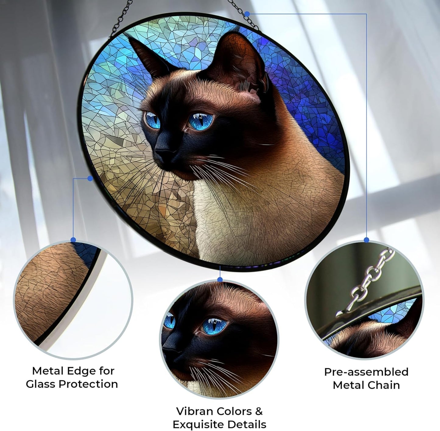 Easter Siamese Cat Stained Glass Window Hanging Sun Catcher Halloween Haning Ornament Decoration Christmas Birthday Gifts for Lover, Friends