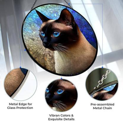 Easter Siamese Cat Stained Glass Window Hanging Sun Catcher Halloween Haning Ornament Decoration Christmas Birthday Gifts for Lover, Friends