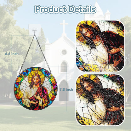 Suncatcher Stained Glass Window Hanging - Jesus Christ Glass Panel with Metal Chain and Hooks Handmade Sun Catcher Decoration for Window Garden Home Christmas & Birthday Gifts (8 Inch)