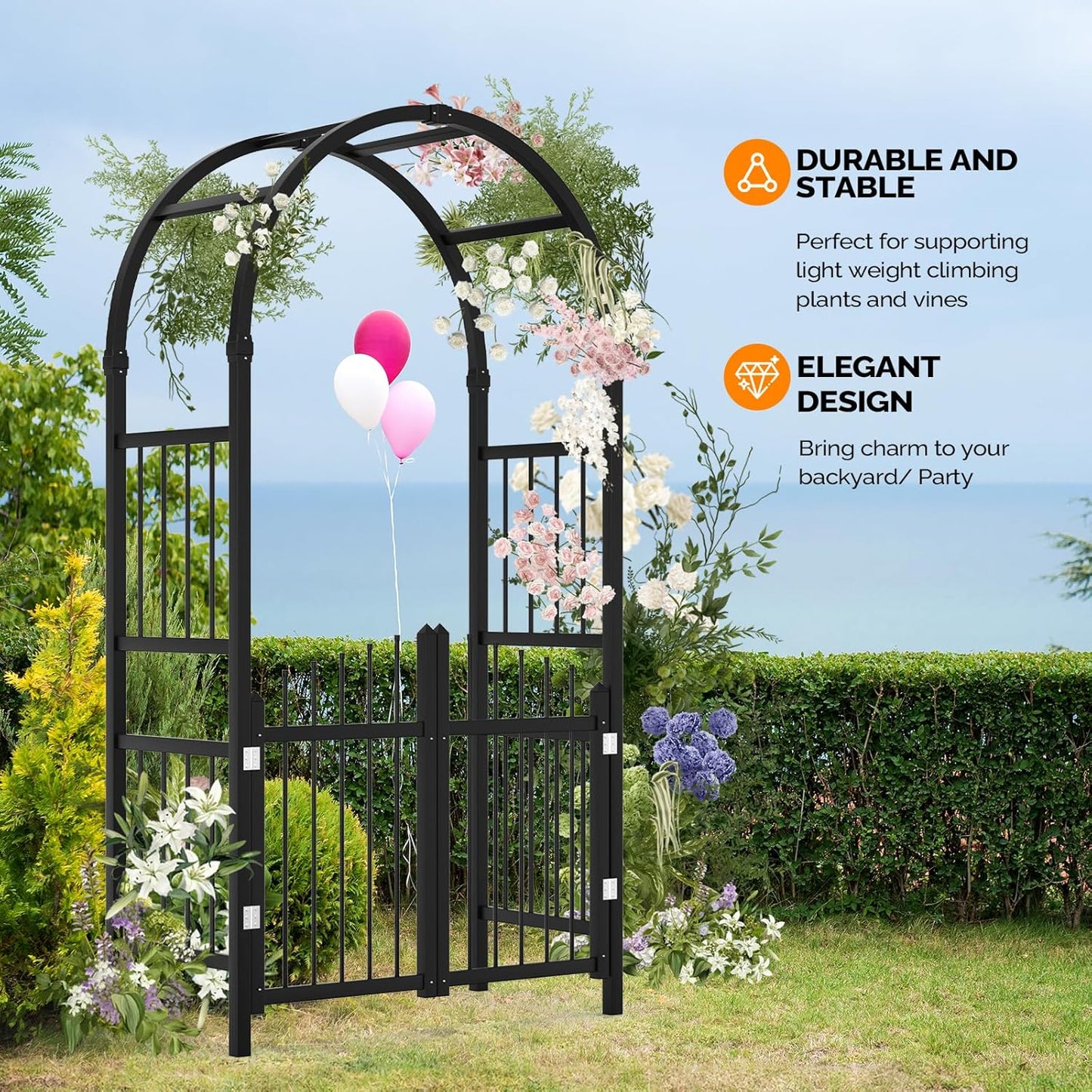 VINGLI Garden Arbor with Gate, PVC Frame Trellis Garden Arch for Plant Climbing, Vinyl Pergola Wedding Arch Backdrop Standing for Backyard, Lawn, Event (Black)