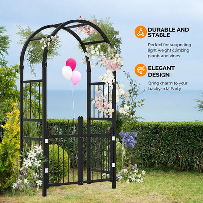 VINGLI Garden Arbor with Gate, PVC Frame Trellis Garden Arch for Plant Climbing, Vinyl Pergola Wedding Arch Backdrop Standing for Backyard, Lawn, Event (Black)
