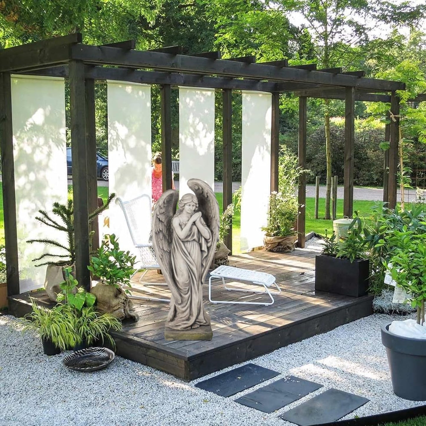 Outdoor Statues Angel Décor Garden Statue - 34 inch Large Garden Angels Outdoor Religious Statues Catholic Resin Concrete Finish Yard Patio Deck Home Entryway Hallway Sculpture 13.7 * 9.8 * 34 Inch