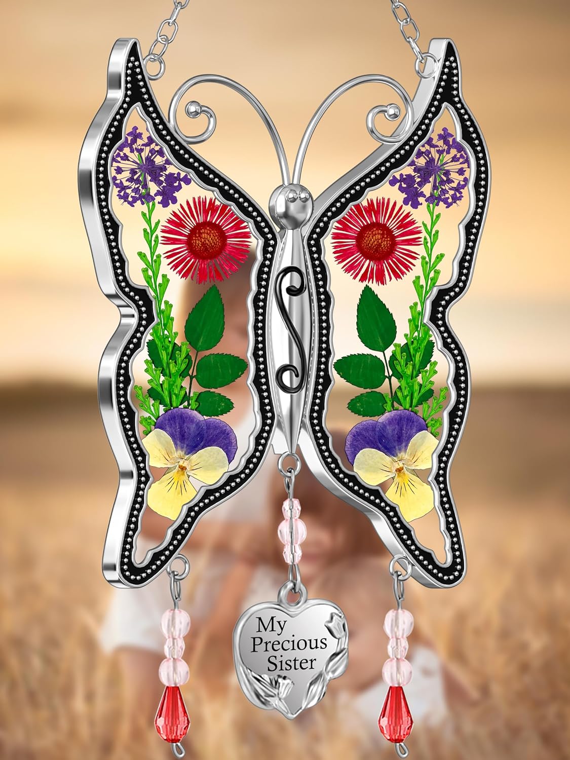 KY&BOSAM Butterfly Suncatcher Stained Glass Window Hanging Wind Chime with Real Flower Wings and Heart Charm Gift for Sister Mother's Day Birthday Christmas 1Pc Gifts Boxes Packing(My Precious Sister)