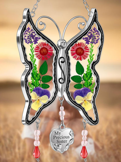 KY&BOSAM Butterfly Suncatcher Stained Glass Window Hanging Wind Chime with Real Flower Wings and Heart Charm Gift for Sister Mother's Day Birthday Christmas 1Pc Gifts Boxes Packing(My Precious Sister)